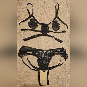 Widow Nude & Black Sheer Mesh Floral Lace Strappy Bra & Panty Set